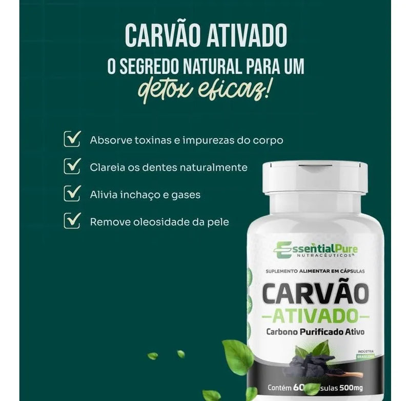 Carvão Vegetal Ativado Puro 500mg 60 Cápsulas Sem Sabor
