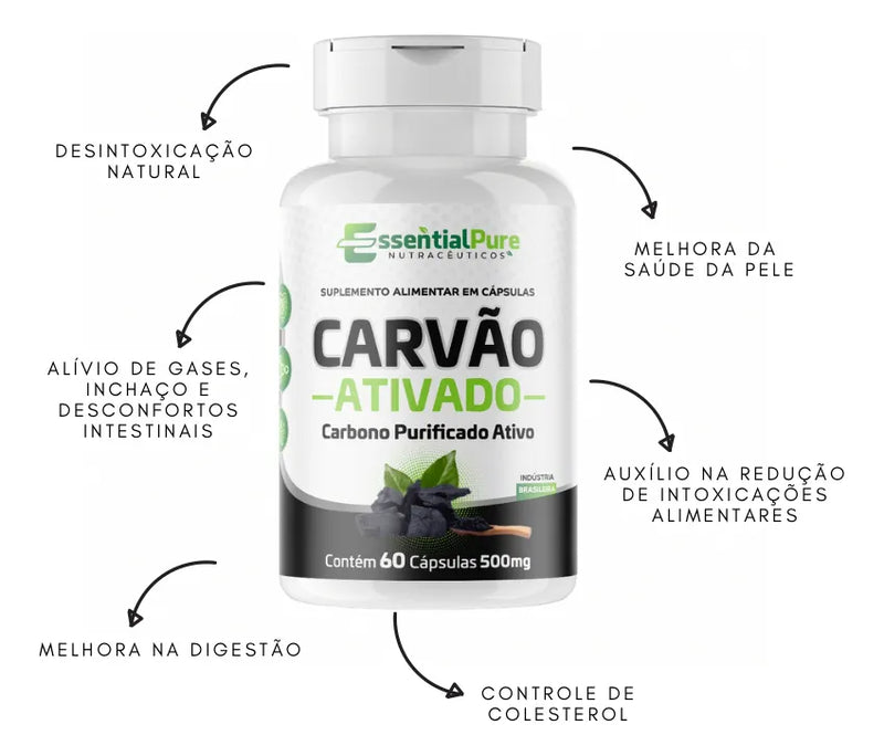 Carvão Vegetal Ativado Puro 500mg 60 Cápsulas Sem Sabor