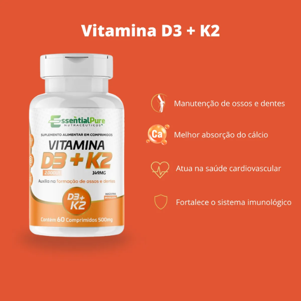 Vitamina D3 2000 UI + K2 MK7 – 60 Comprimidos 500mg | Pura, Sem Sabor