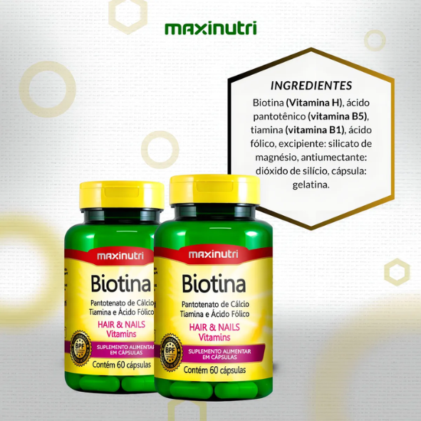 Biotina + Ácido Fólico – Cabelos, Unhas e Vitaminas | 60 Cápsulas (Sem Sabor)